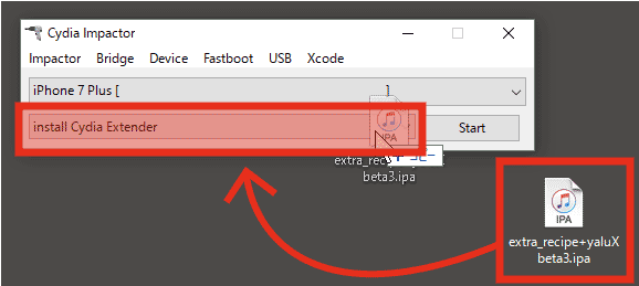 Cydia Impactorにextra_recipeのIPAファイルをドロップ