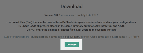 ReShadeの「Download」ボタンをクリックしてダウンロード